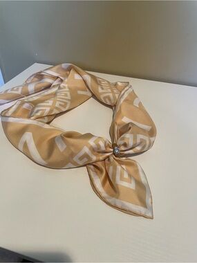 Givenchy Beige and White Logo Silk Scarf with Decorative Pin